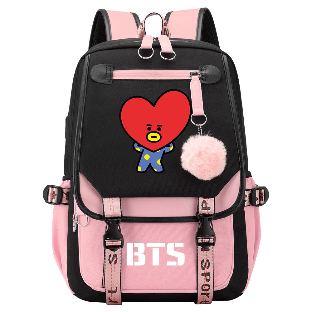 BTS TATA Waterproof Backpack School Notebook Travel Bag USB Charging