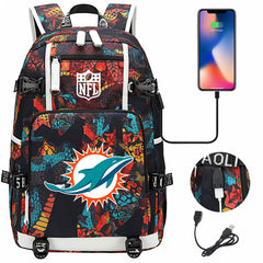 Miami Dolphins Football Team USB Charging Backpack School Notebook Travel Bags