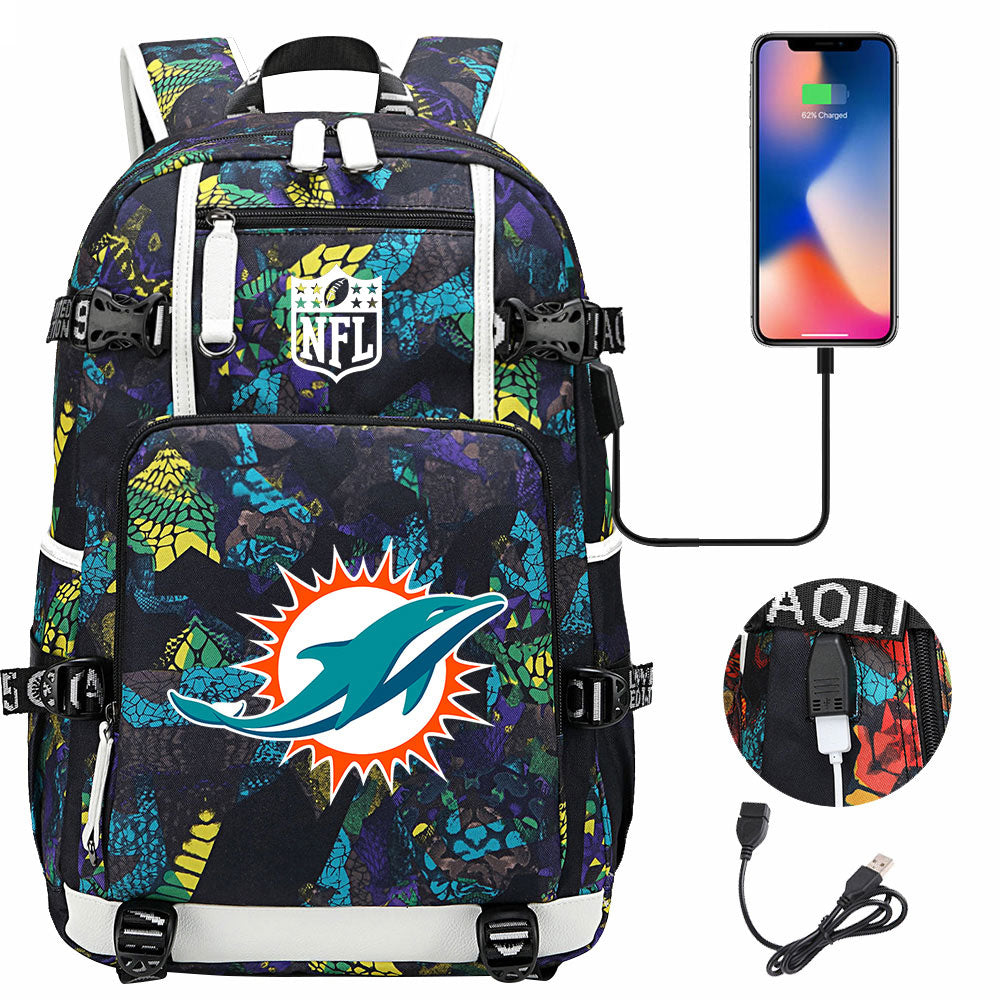 Miami Dolphins Football Team USB Charging Backpack School Notebook Travel Bags