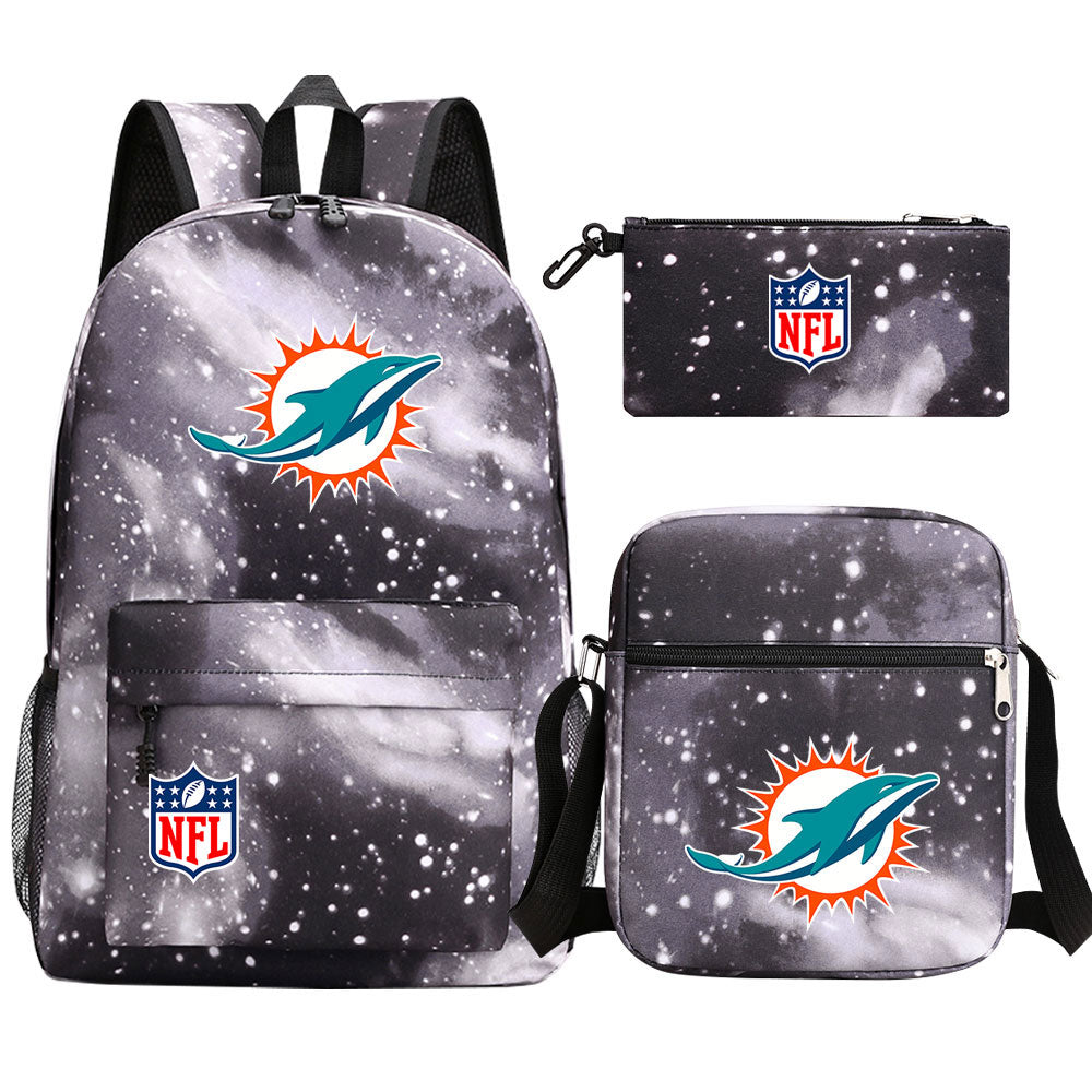 Miami Dolphins Football Team Printed Schoolbag Backpack Shoulder Bag Pencil Bag 3pcs set for Kids Students