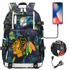 Chicago Blackhawks Hockey League USB Charging Backpack School Notebook Travel Bags