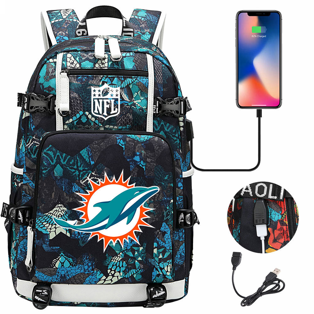 Miami Dolphins Football Team USB Charging Backpack School Notebook Travel Bags