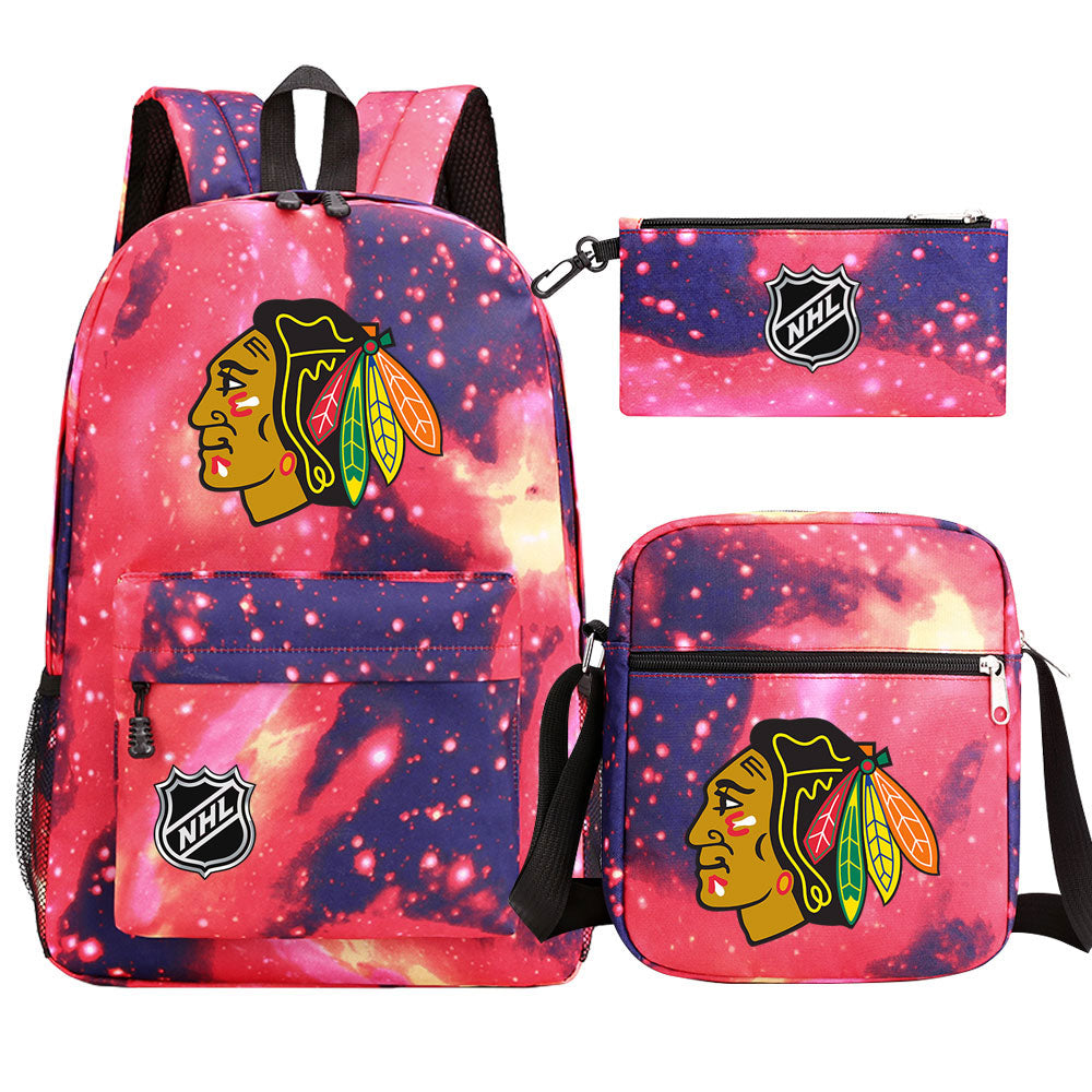 Chicago Blackhawks Hockey League  Printed Schoolbag Backpack Shoulder Bag Pencil Bag 3pcs set for Kids Students