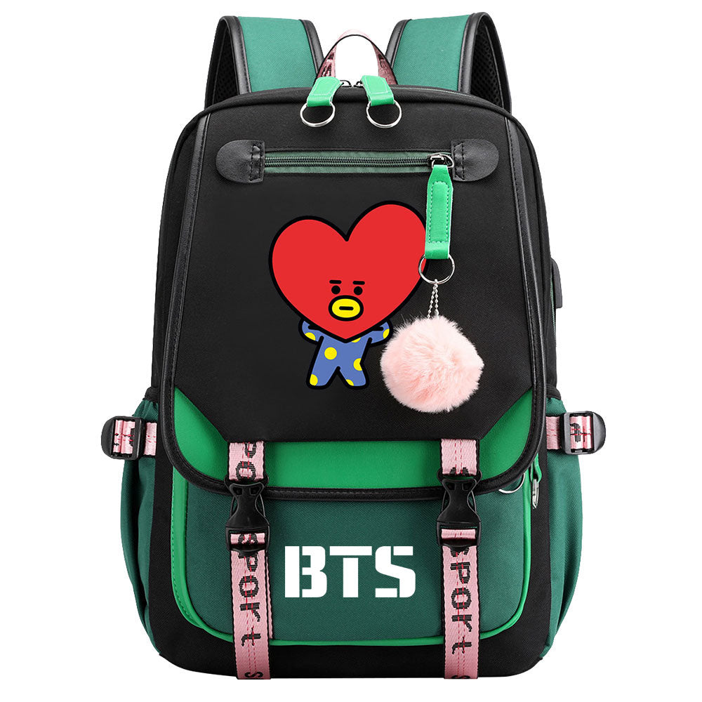 BTS TATA Waterproof Backpack School Notebook Travel Bag USB Charging