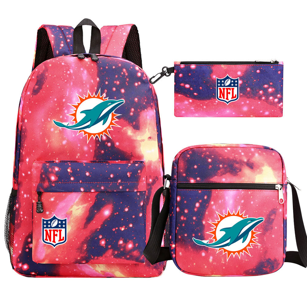 Miami Dolphins Football Team Printed Schoolbag Backpack Shoulder Bag Pencil Bag 3pcs set for Kids Students