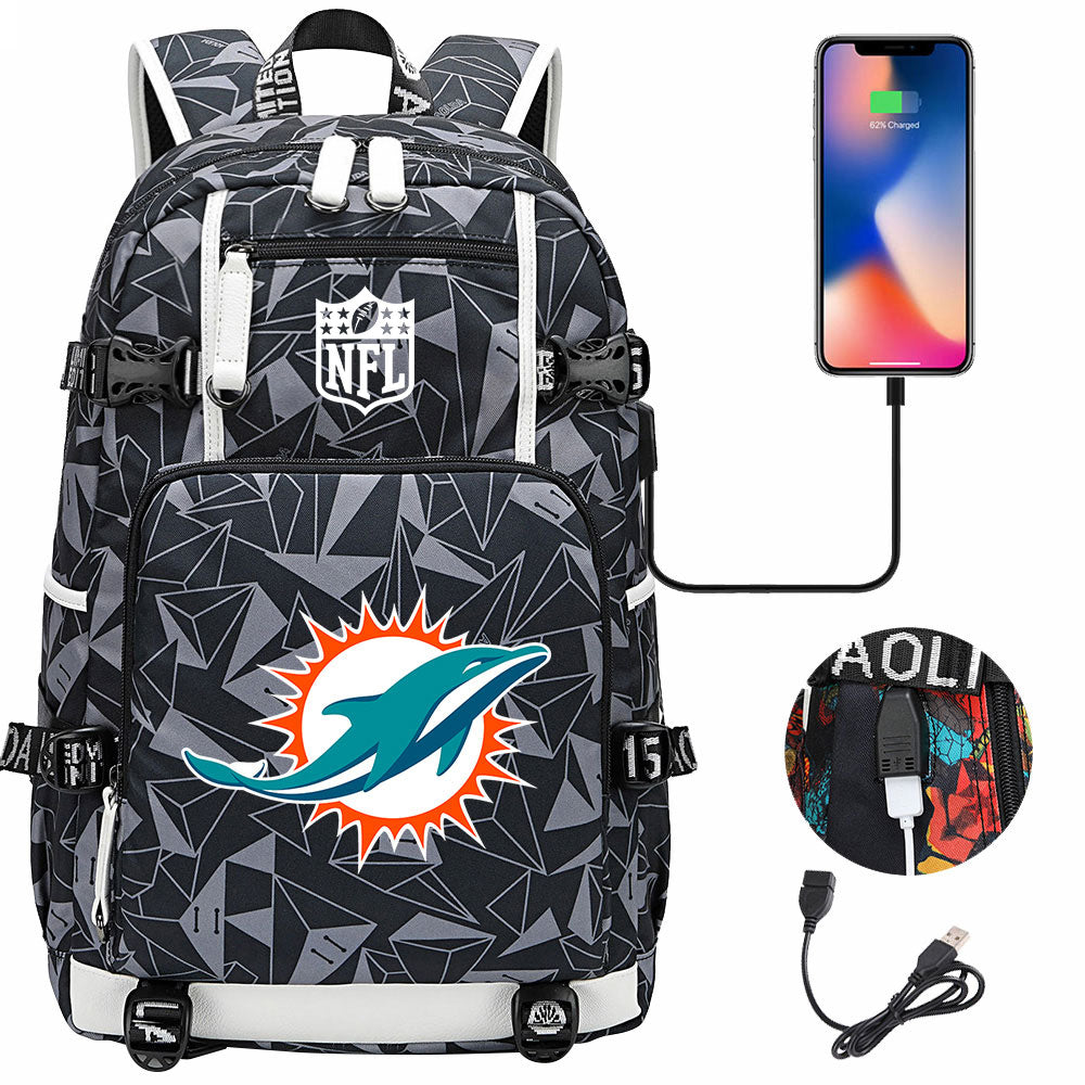 Miami Dolphins Football Team USB Charging Backpack School Notebook Travel Bags