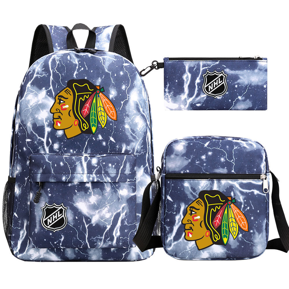 Chicago Blackhawks Hockey League  Printed Schoolbag Backpack Shoulder Bag Pencil Bag 3pcs set for Kids Students