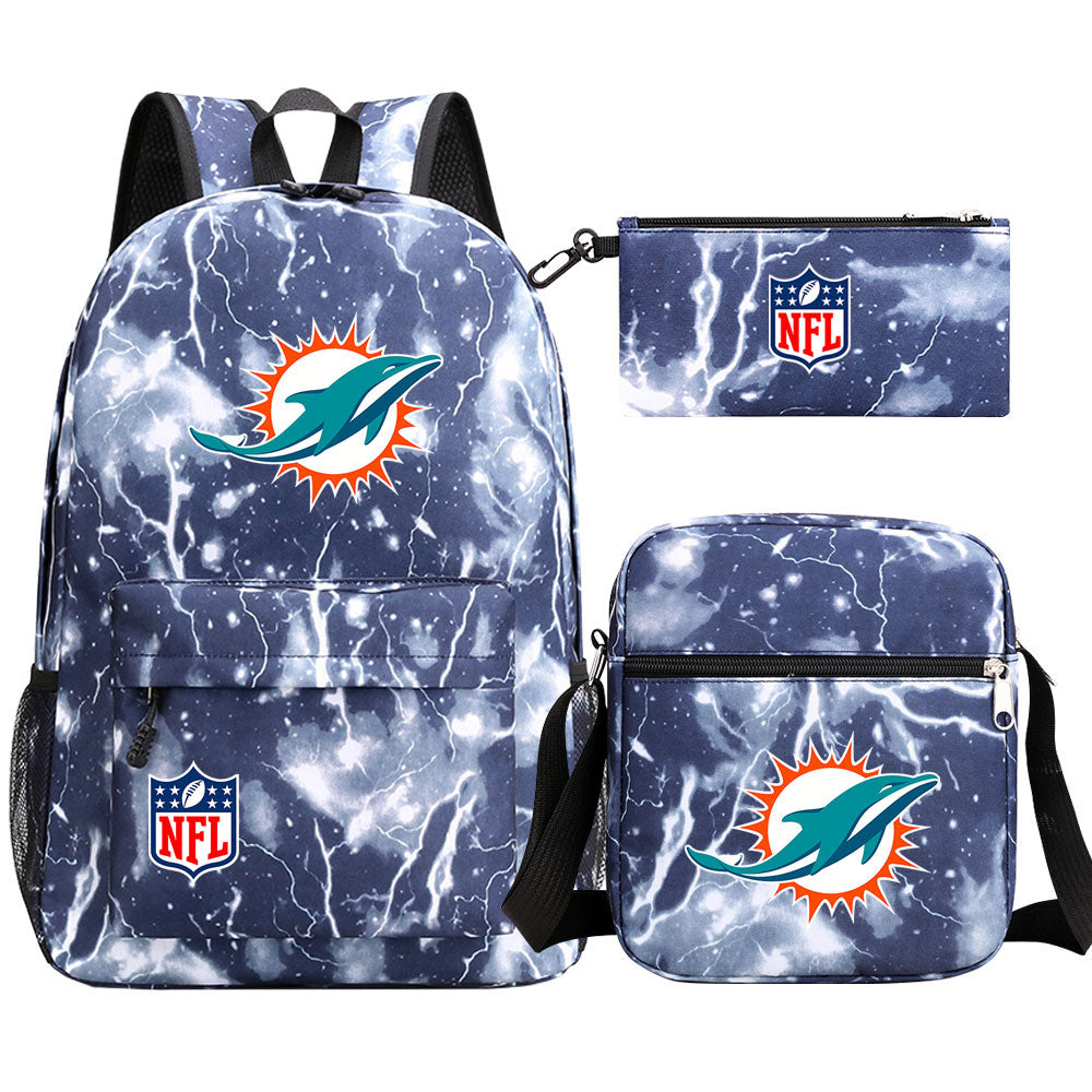 Miami Dolphins Football Team Printed Schoolbag Backpack Shoulder Bag Pencil Bag 3pcs set for Kids Students