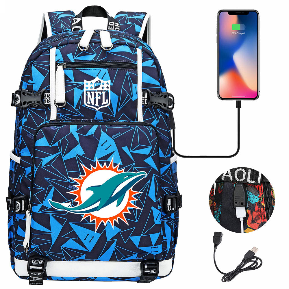 Miami Dolphins Football Team USB Charging Backpack School Notebook Travel Bags