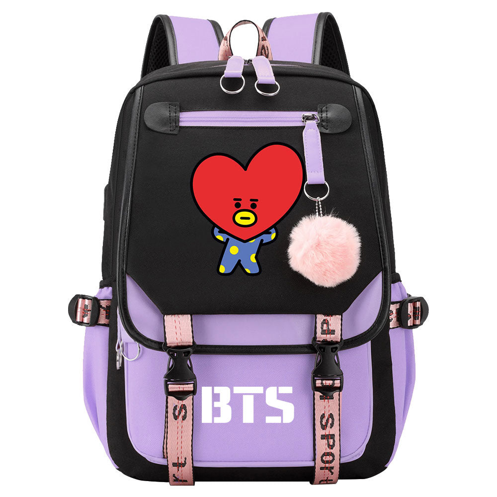 BTS TATA Waterproof Backpack School Notebook Travel Bag USB Charging