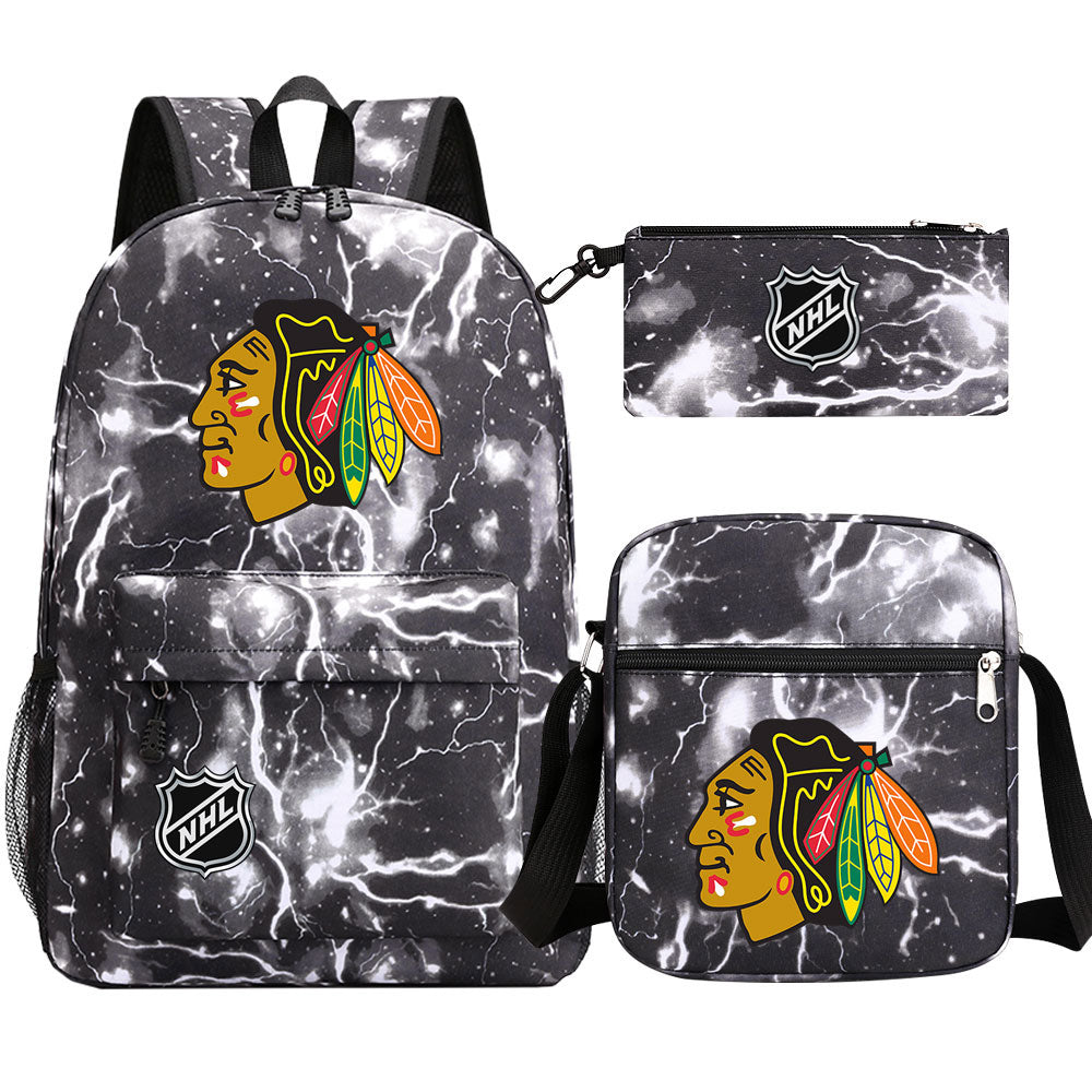 Chicago Blackhawks Hockey League  Printed Schoolbag Backpack Shoulder Bag Pencil Bag 3pcs set for Kids Students