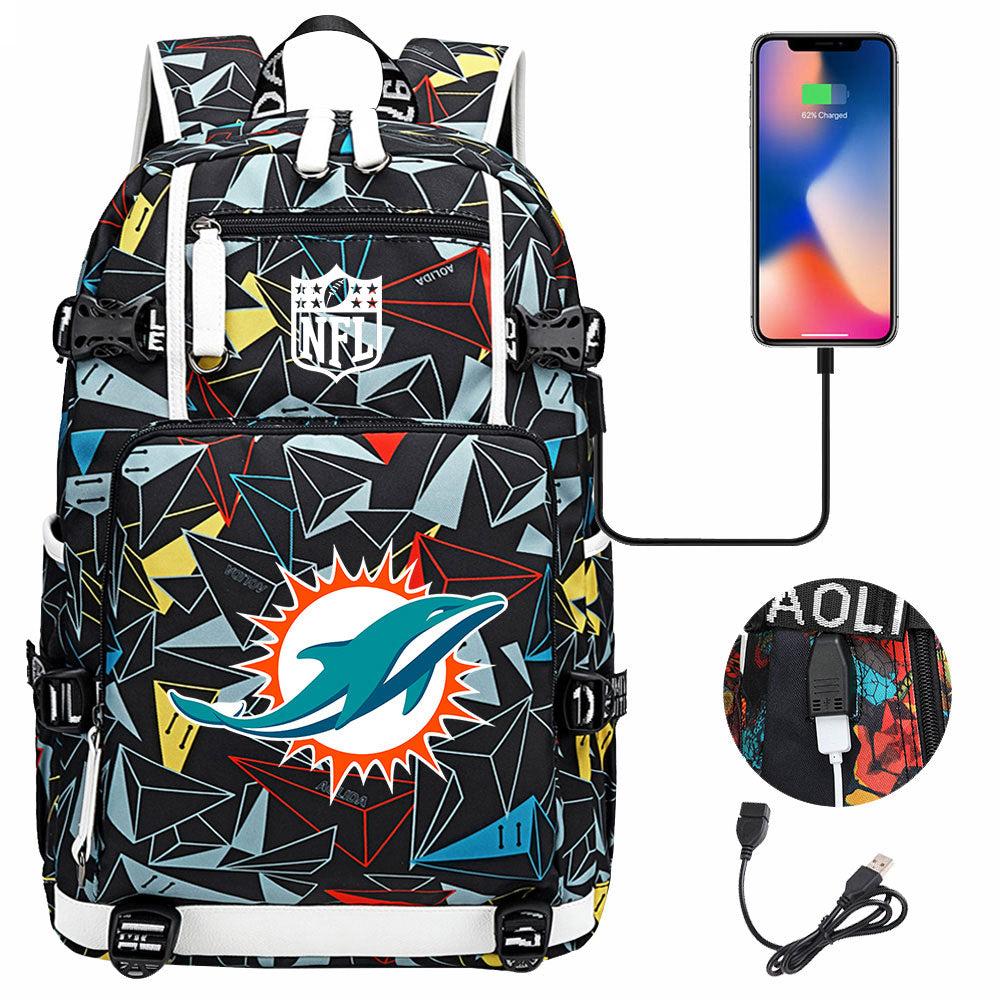 Miami Dolphins Football Team USB Charging Backpack School Notebook Travel Bags