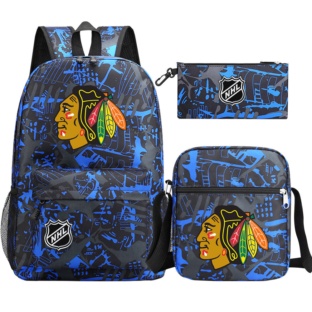 Chicago Blackhawks Hockey League  Printed Schoolbag Backpack Shoulder Bag Pencil Bag 3pcs set for Kids Students