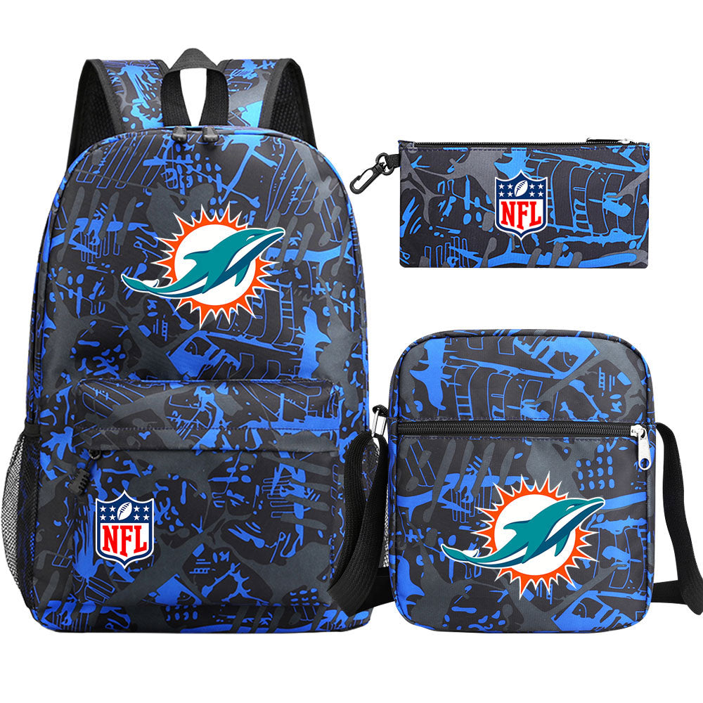 Miami Dolphins Football Team Printed Schoolbag Backpack Shoulder Bag Pencil Bag 3pcs set for Kids Students