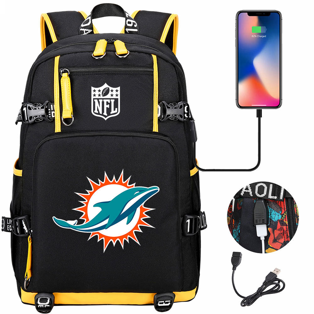 Miami Dolphins Football Team USB Charging Backpack School Notebook Travel Bags