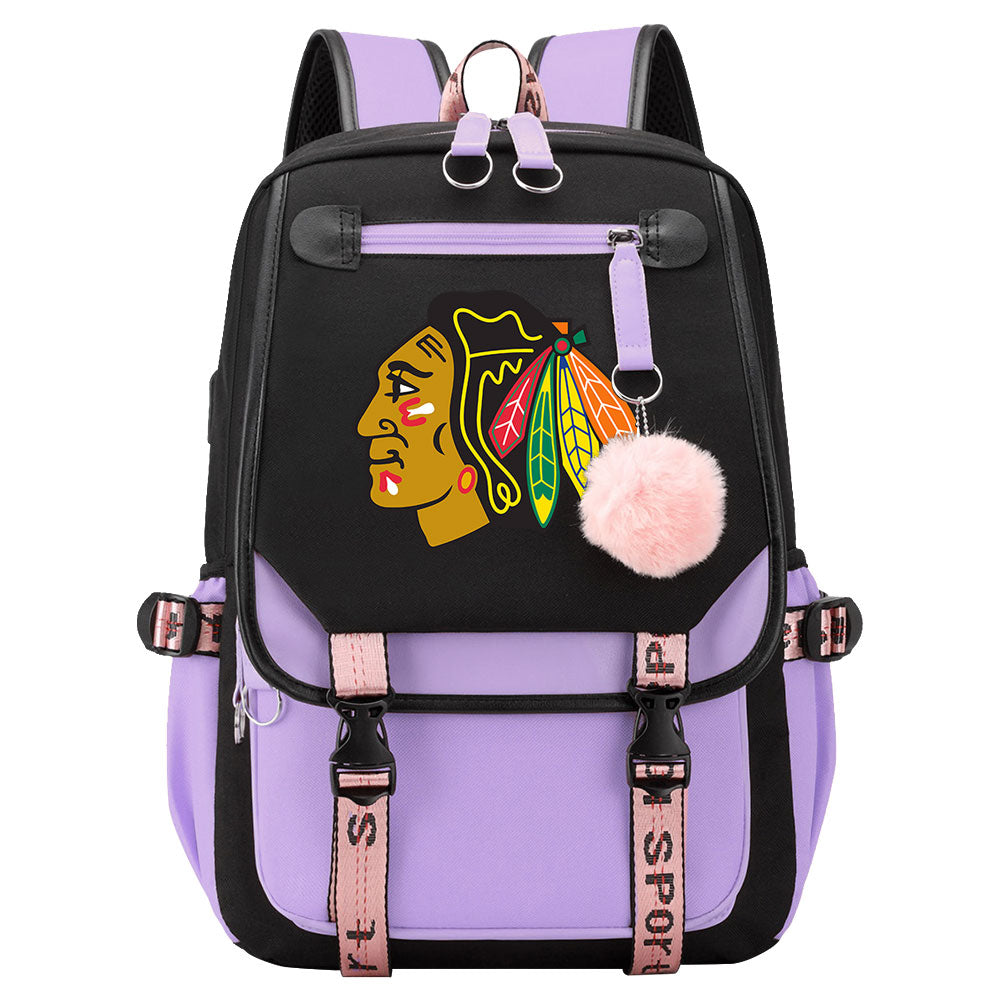 Chicago Hockey  Blackhawks  League Waterproof Backpack School Notebook Travel Bag USB Charging