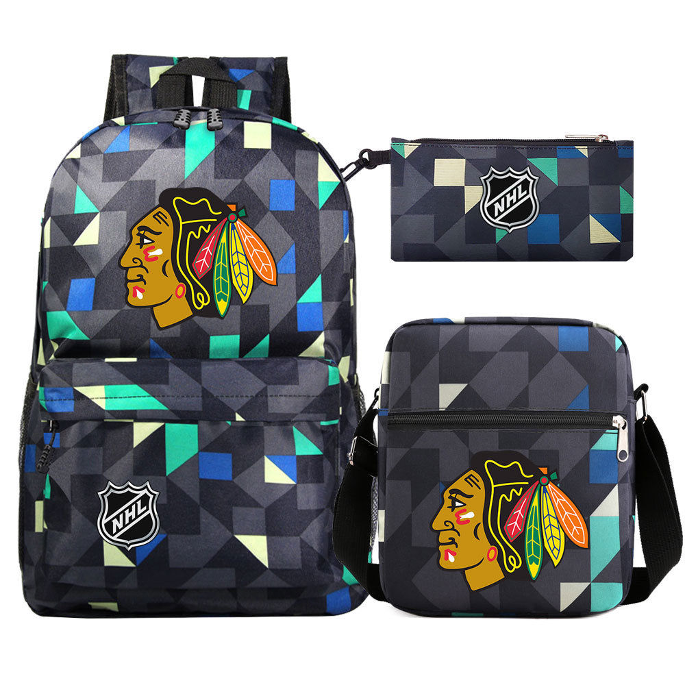 Chicago Blackhawks Hockey League  Printed Schoolbag Backpack Shoulder Bag Pencil Bag 3pcs set for Kids Students