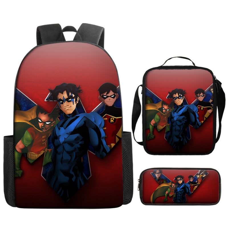 Nightwing Superhero Full Printed Backpack Schoolbag Travel Notebook Bag Lunch Bag Pencil Bag for Kids Students 3PCS