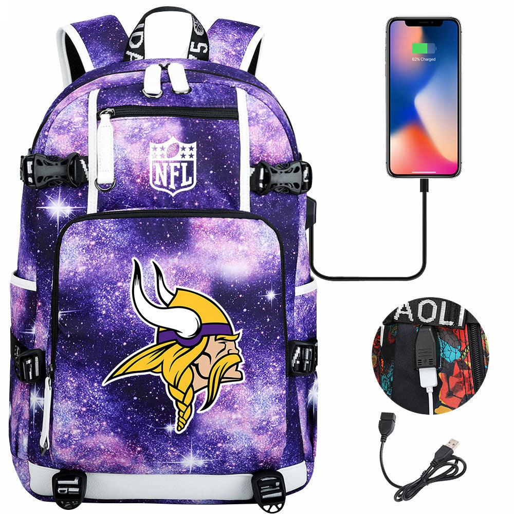 Minnesota Vikings Football Team USB Charging Backpack School Notebook Travel Bags