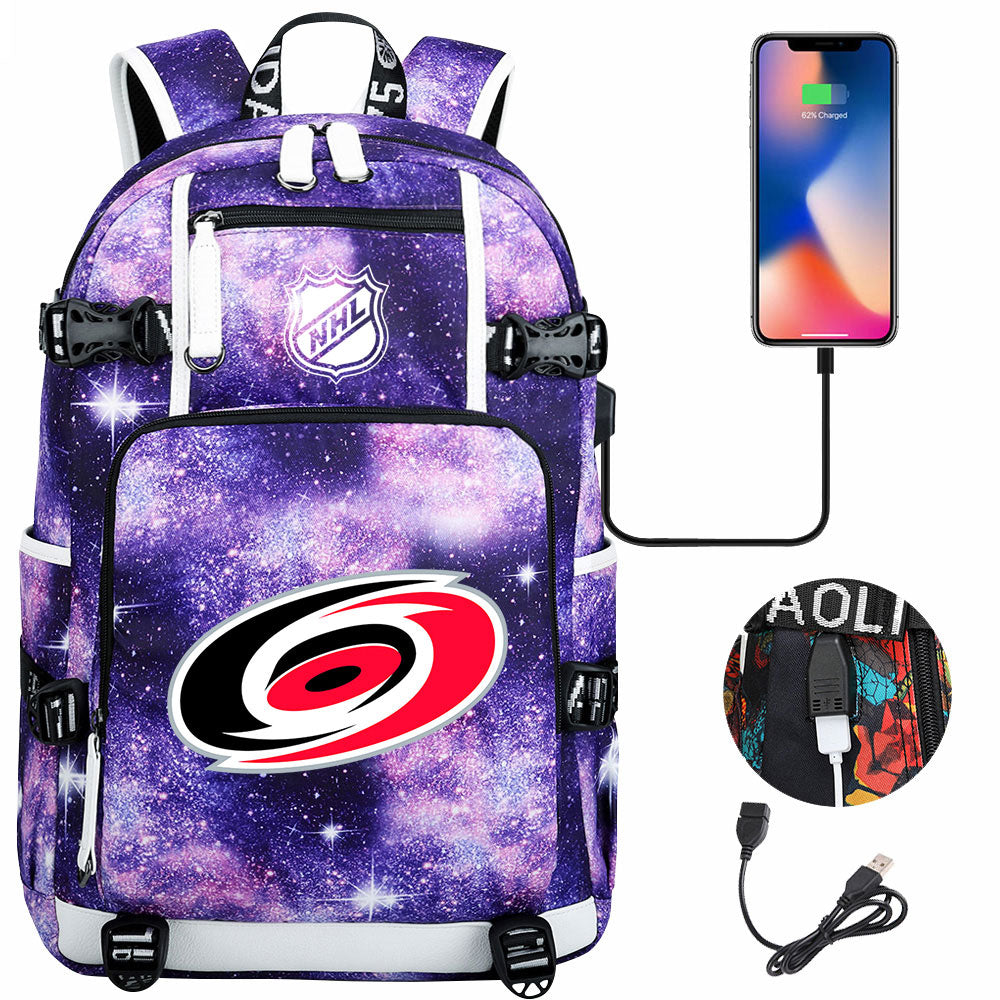 Carolina Hurricanes Hockey League USB Charging Backpack School Notebook Travel Bags