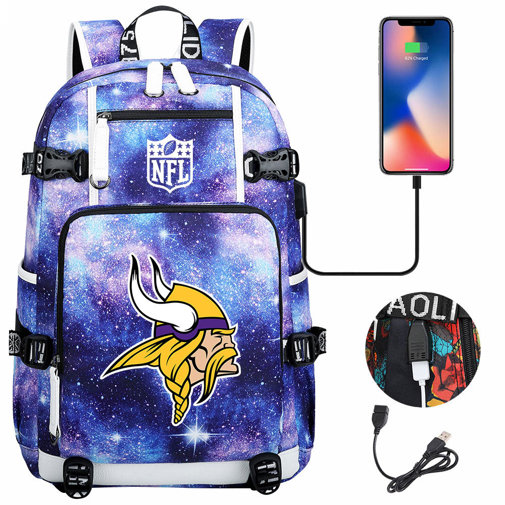 Minnesota Vikings Football Team USB Charging Backpack School Notebook Travel Bags