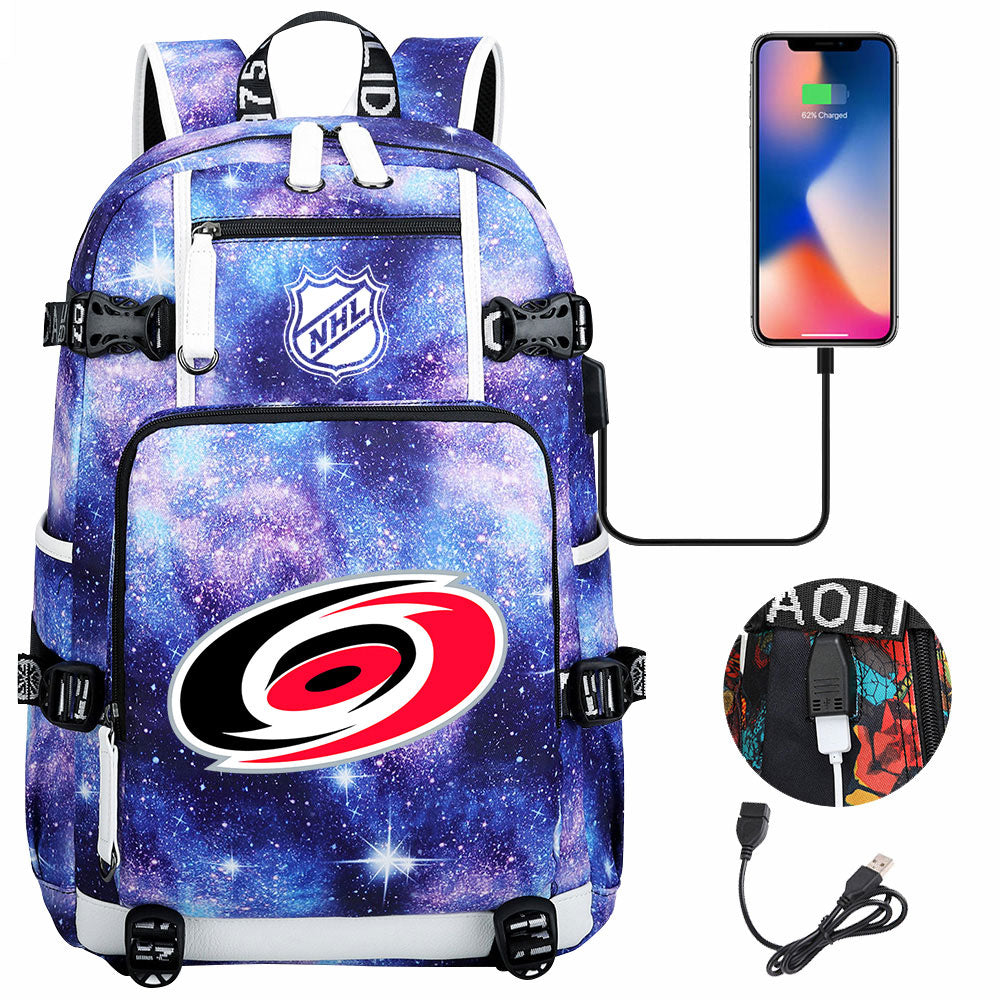 Carolina Hurricanes Hockey League USB Charging Backpack School Notebook Travel Bags