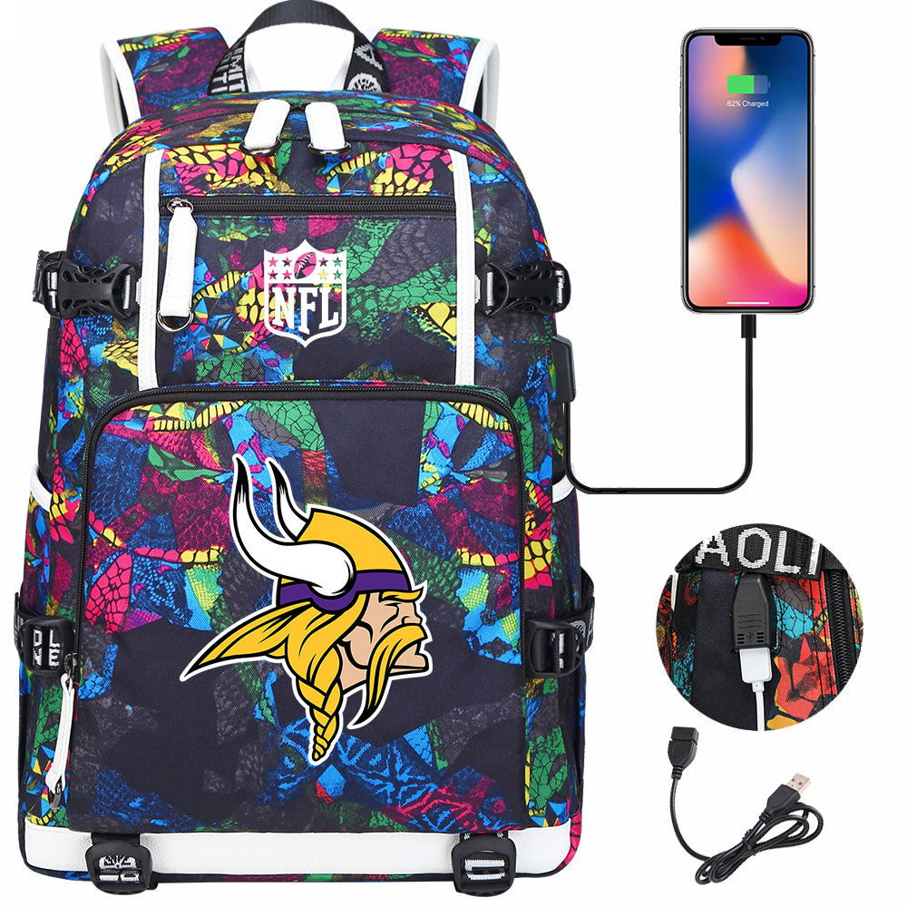 Minnesota Vikings Football Team USB Charging Backpack School Notebook Travel Bags