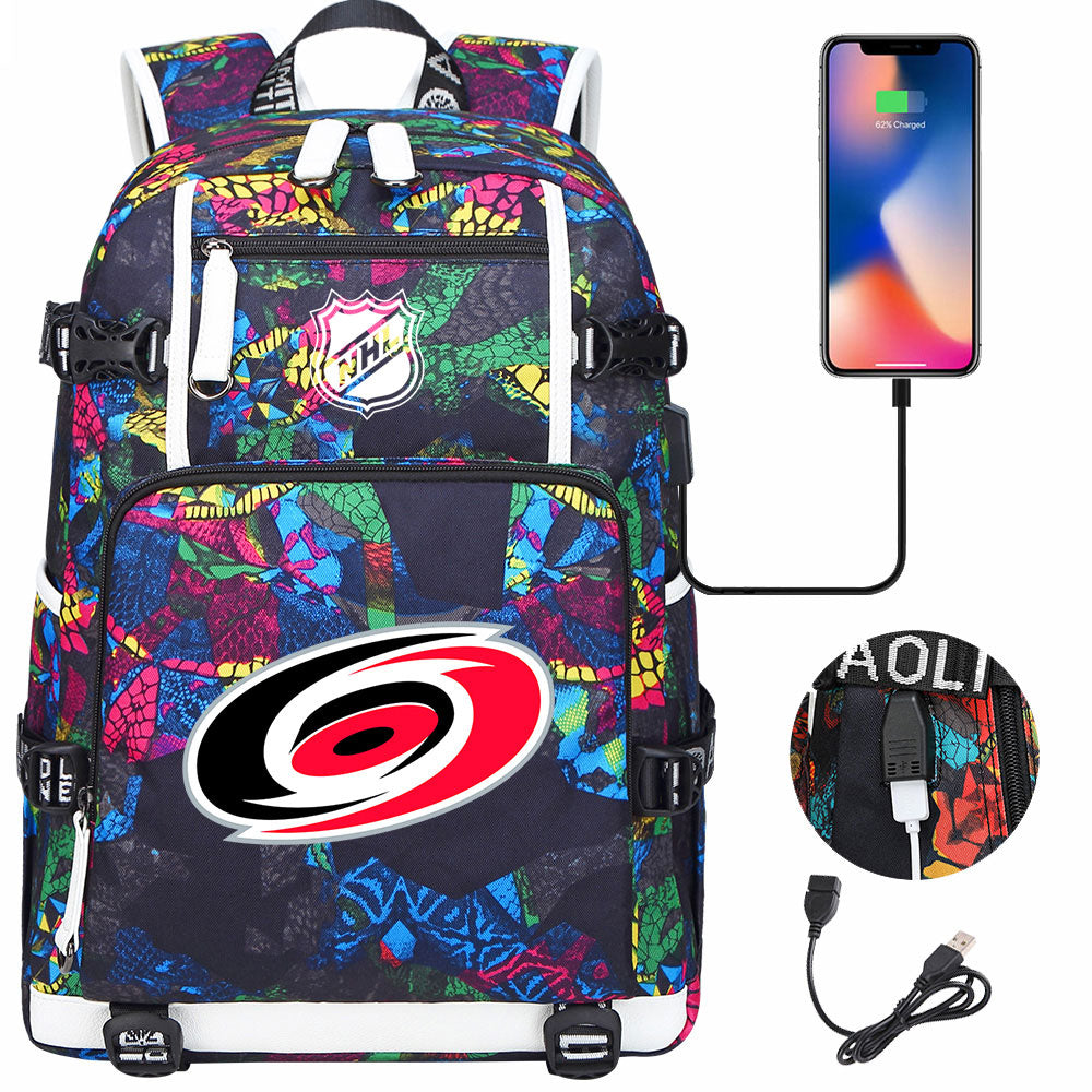 Carolina Hurricanes Hockey League USB Charging Backpack School Notebook Travel Bags