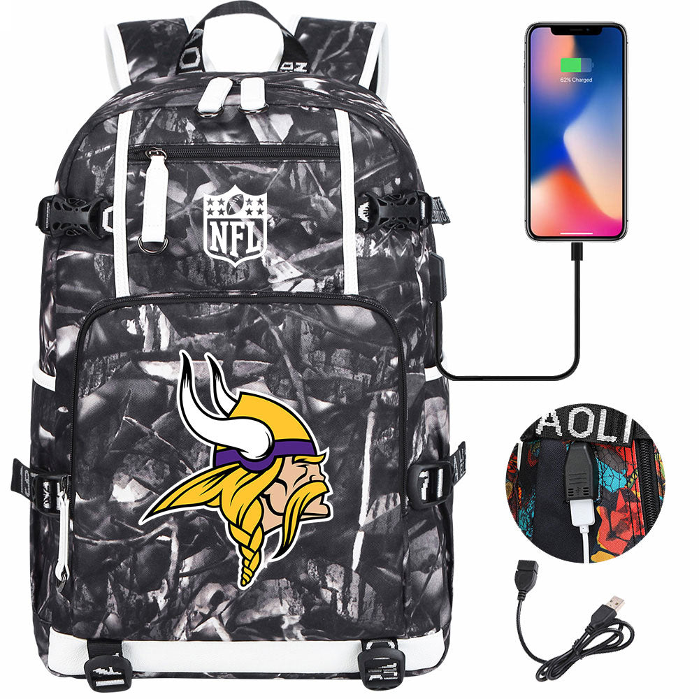 Minnesota Vikings Football Team USB Charging Backpack School Notebook Travel Bags