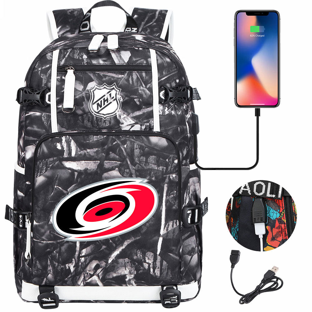 Carolina Hurricanes Hockey League USB Charging Backpack School Notebook Travel Bags