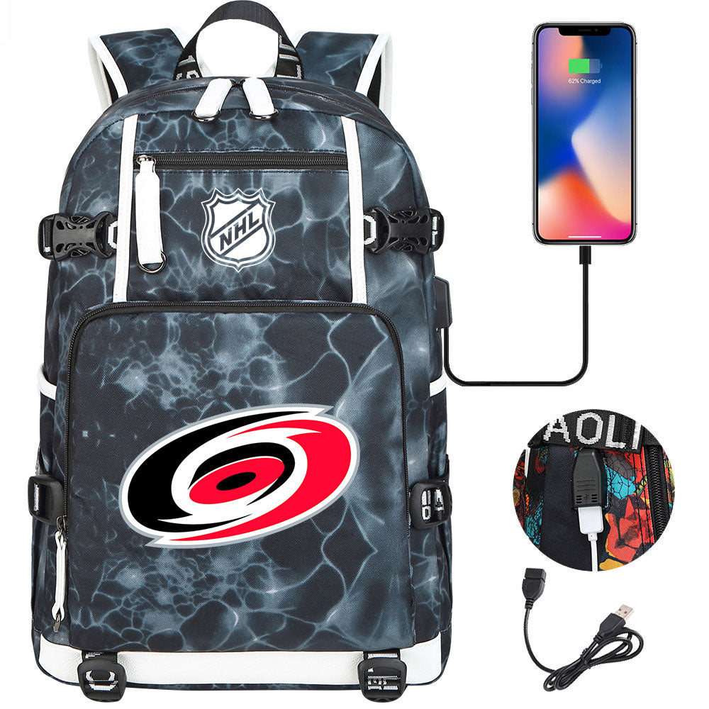 Carolina Hurricanes Hockey League USB Charging Backpack School Notebook Travel Bags