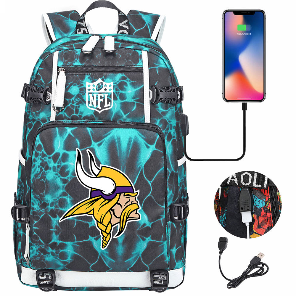 Minnesota Vikings Football Team USB Charging Backpack School Notebook Travel Bags