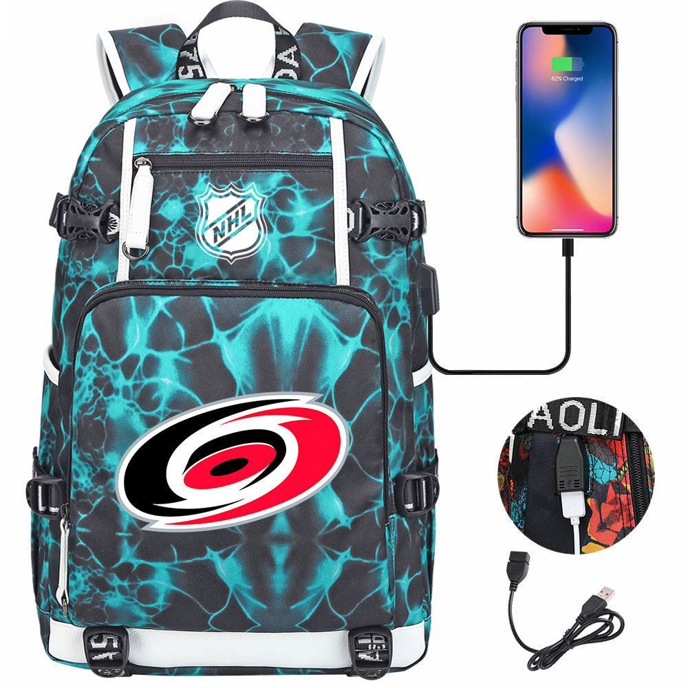 Carolina Hurricanes Hockey League USB Charging Backpack School Notebook Travel Bags