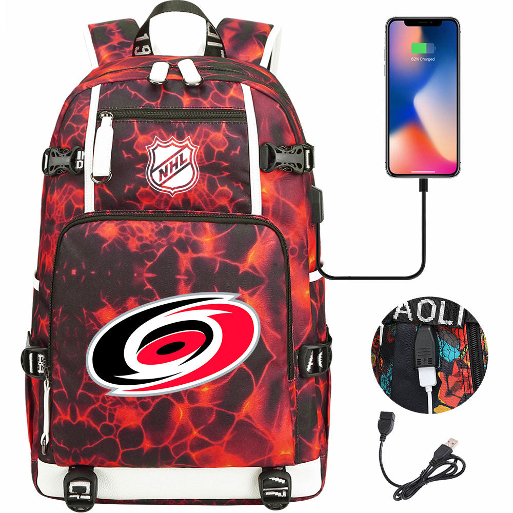 Carolina Hurricanes Hockey League USB Charging Backpack School Notebook Travel Bags