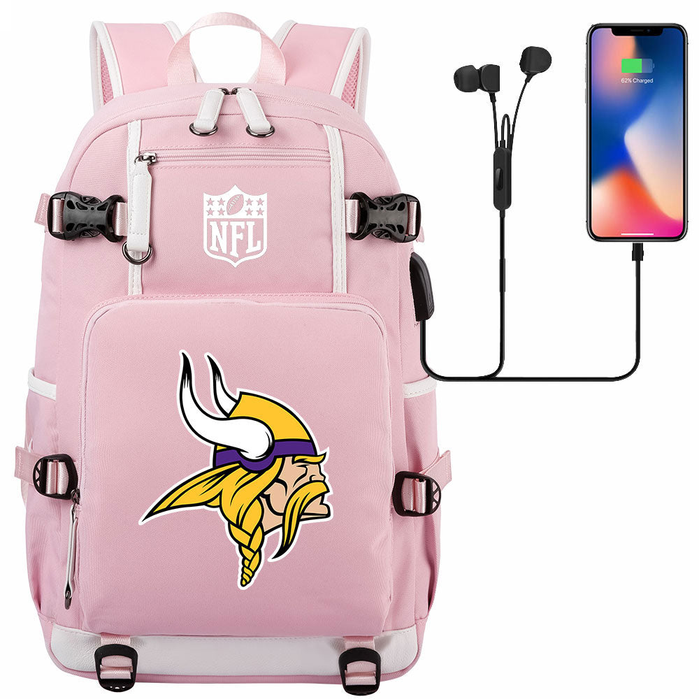 Minnesota Vikings Football Team USB Charging Backpack School Notebook Travel Bags