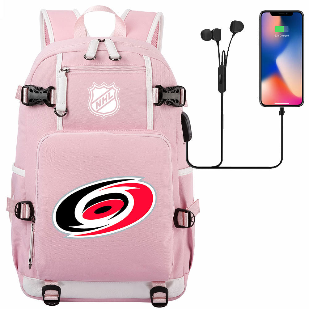 Carolina Hurricanes Hockey League USB Charging Backpack School Notebook Travel Bags