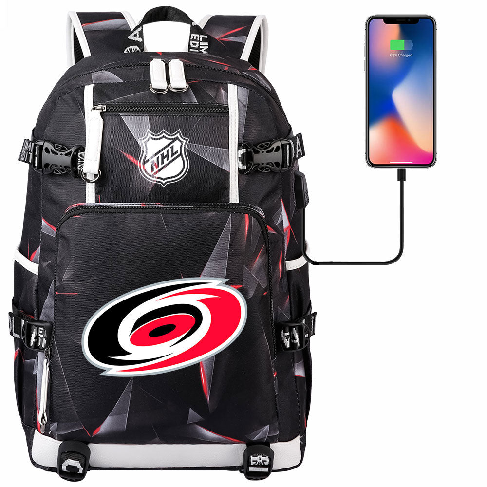 Carolina Hurricanes Hockey League USB Charging Backpack School Notebook Travel Bags