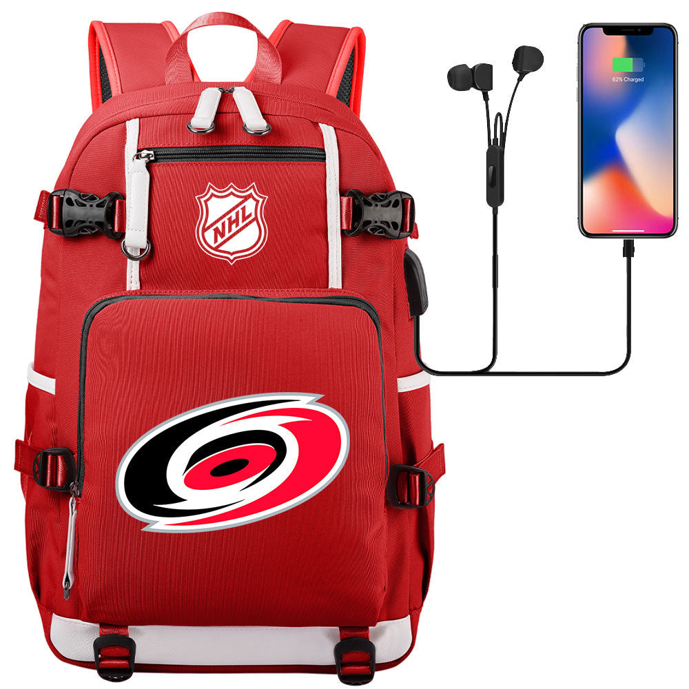 Carolina Hurricanes Hockey League USB Charging Backpack School Notebook Travel Bags