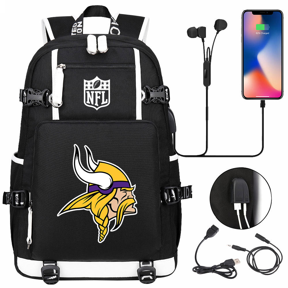 Minnesota Vikings Football Team USB Charging Backpack School Notebook Travel Bags