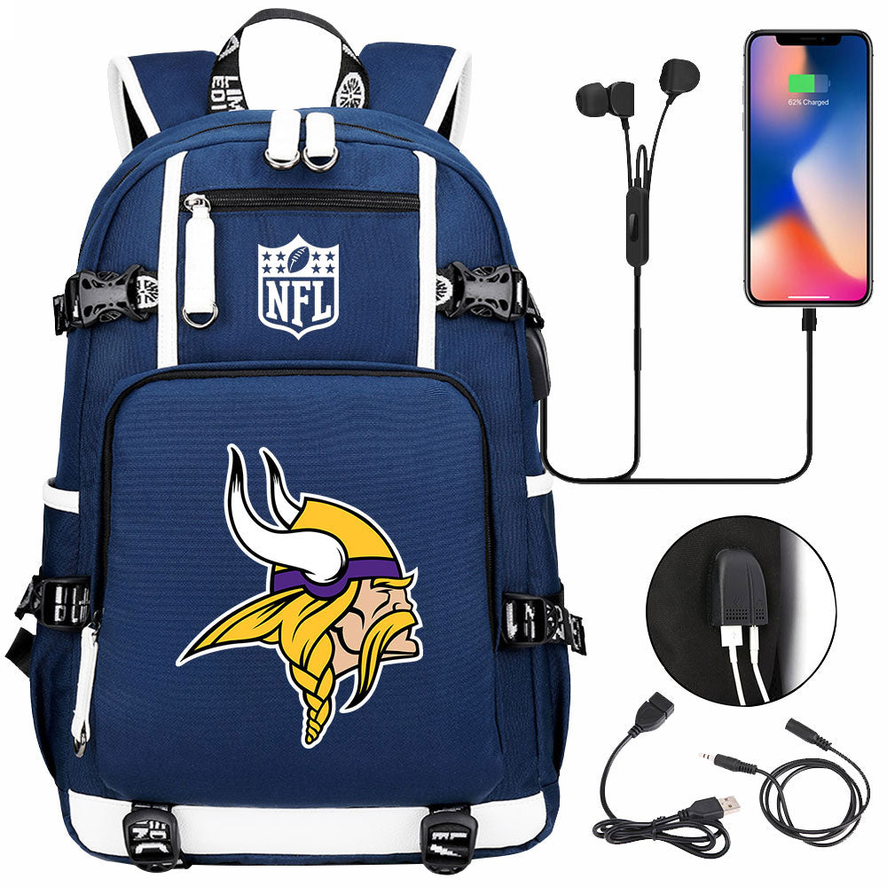 Minnesota Vikings Football Team USB Charging Backpack School Notebook Travel Bags