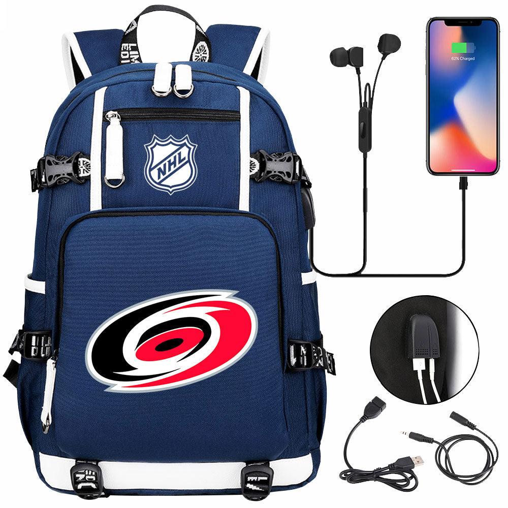 Carolina Hurricanes Hockey League USB Charging Backpack School Notebook Travel Bags