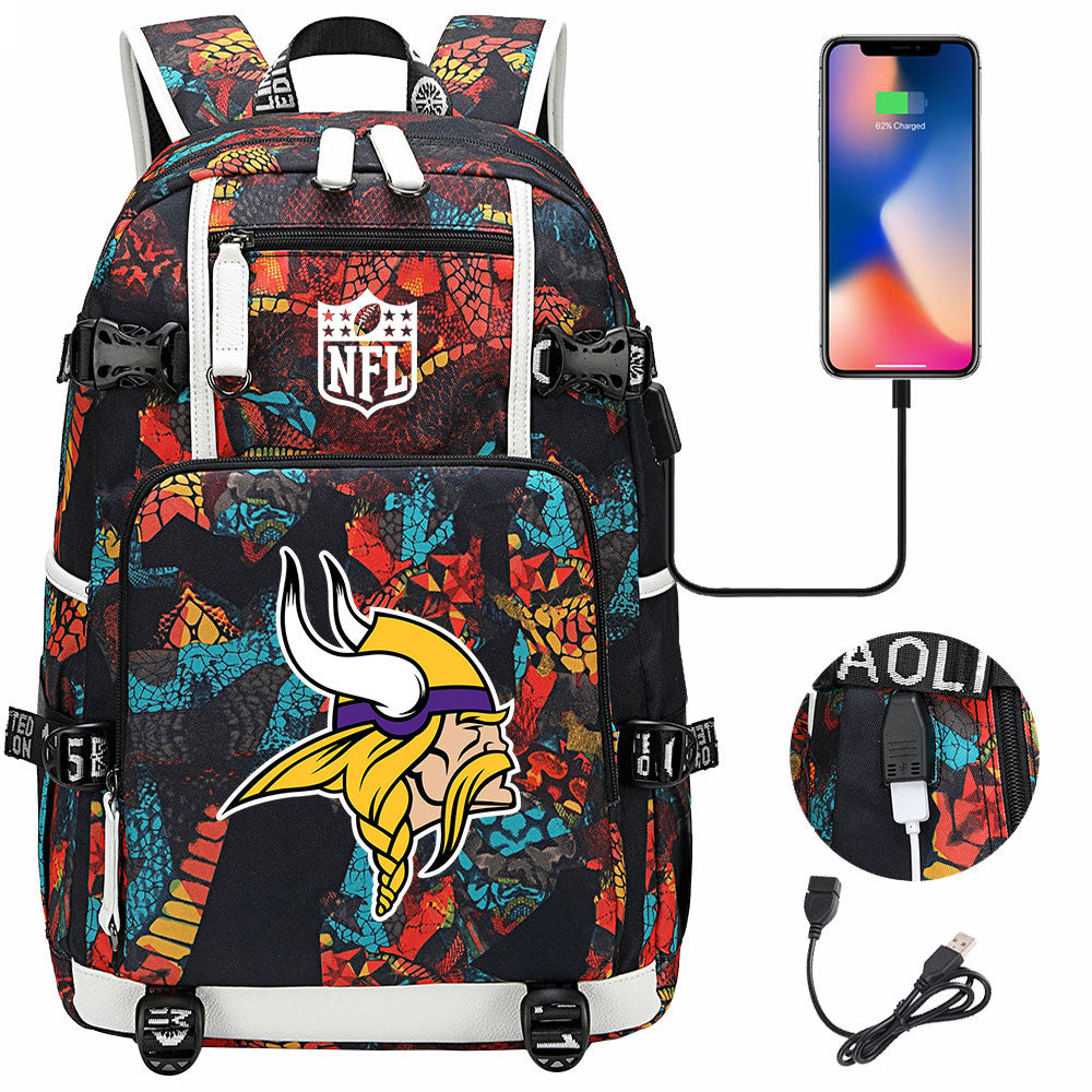 Minnesota Vikings Football Team USB Charging Backpack School Notebook Travel Bags