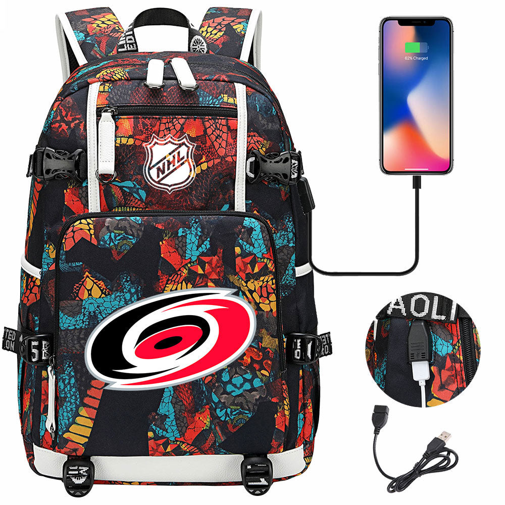 Carolina Hurricanes Hockey League USB Charging Backpack School Notebook Travel Bags