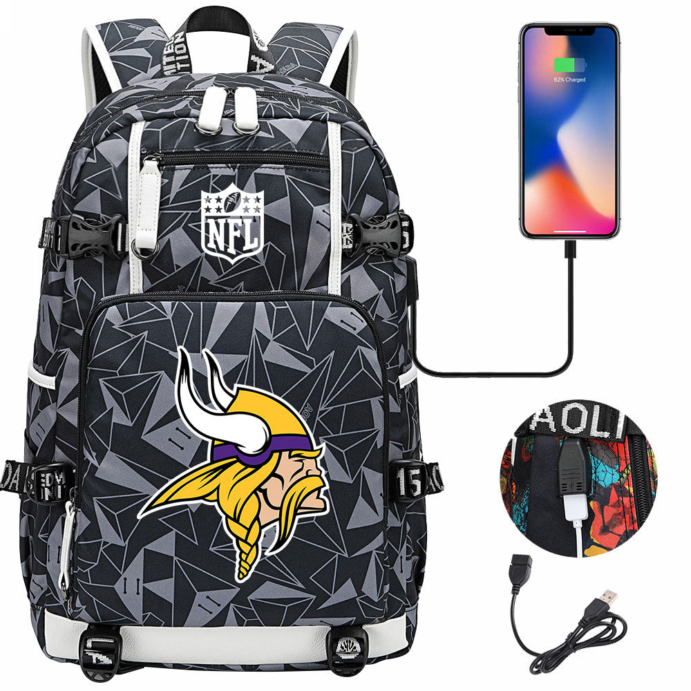 Minnesota Vikings Football Team USB Charging Backpack School Notebook Travel Bags