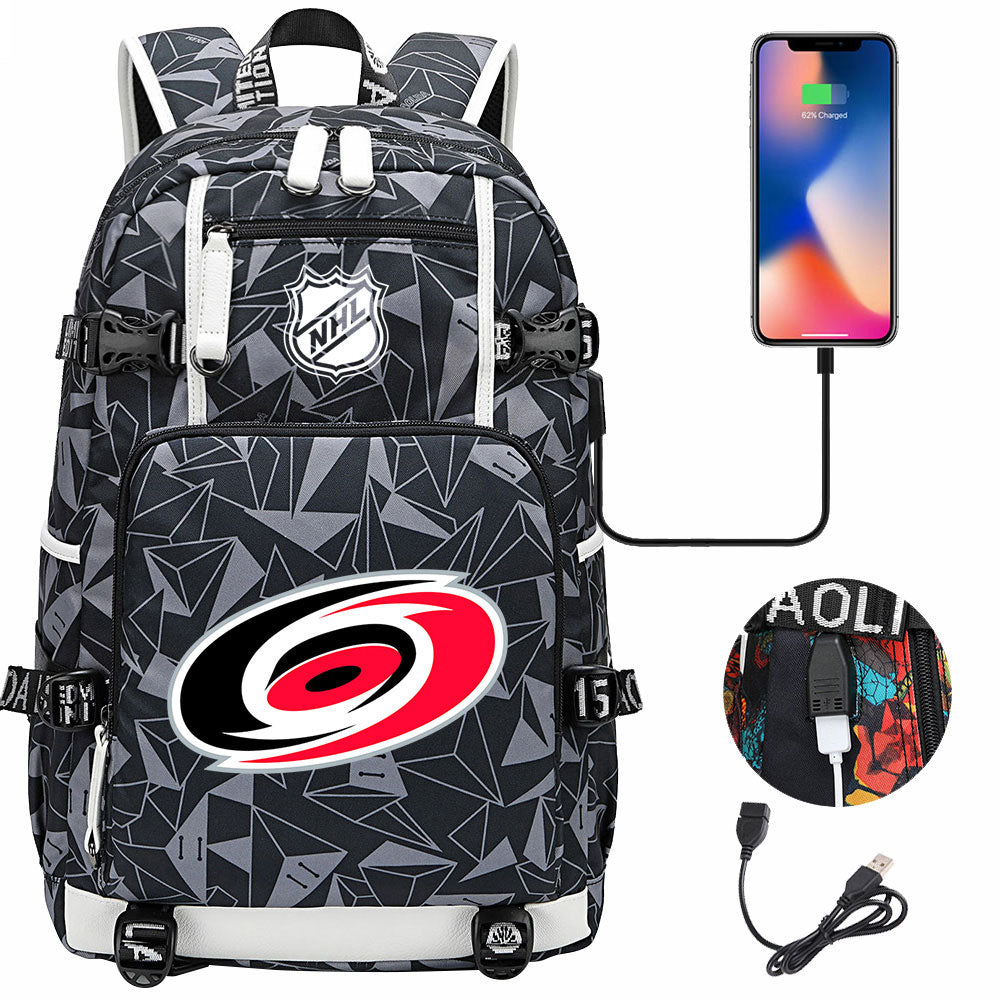 Carolina Hurricanes Hockey League USB Charging Backpack School Notebook Travel Bags