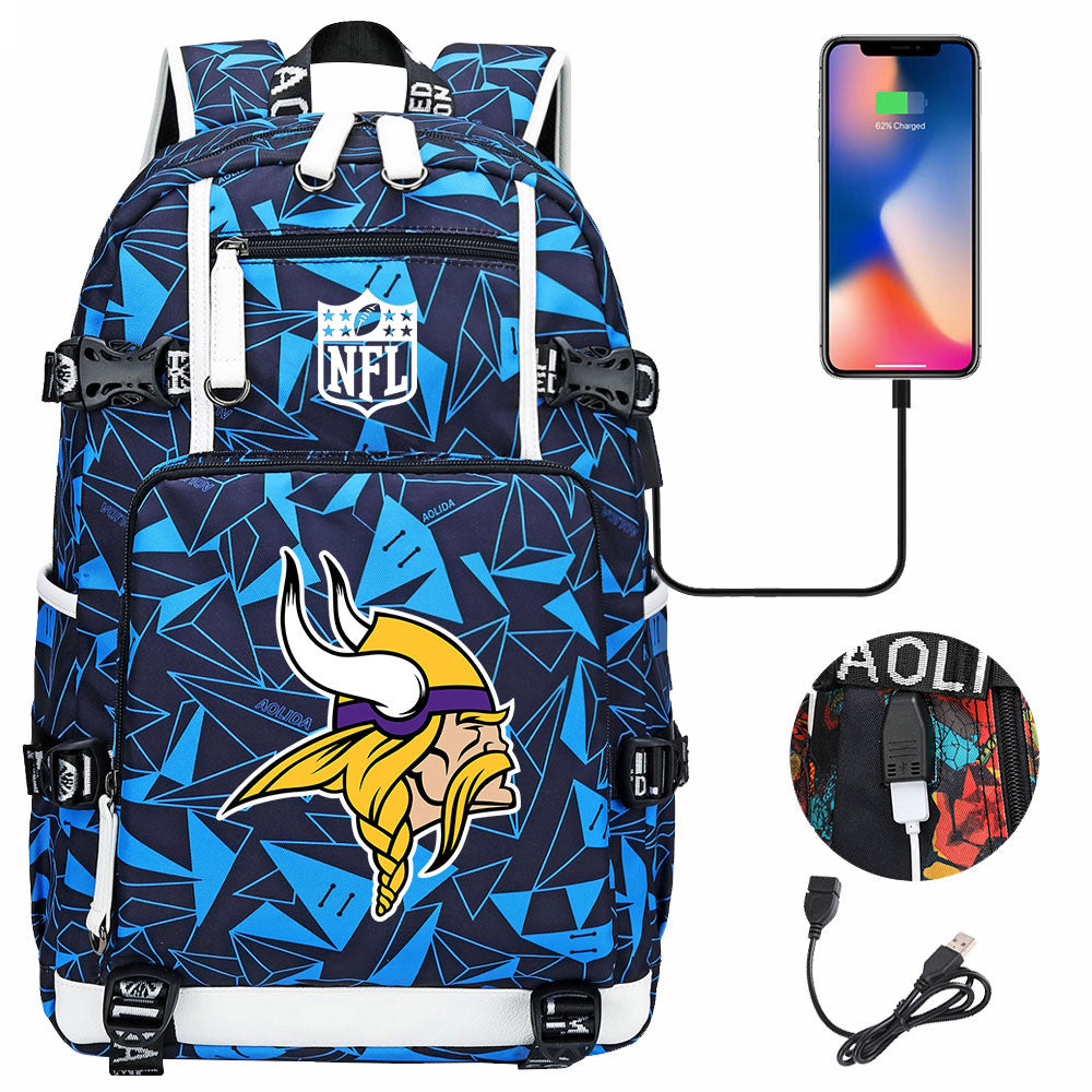 Minnesota Vikings Football Team USB Charging Backpack School Notebook Travel Bags