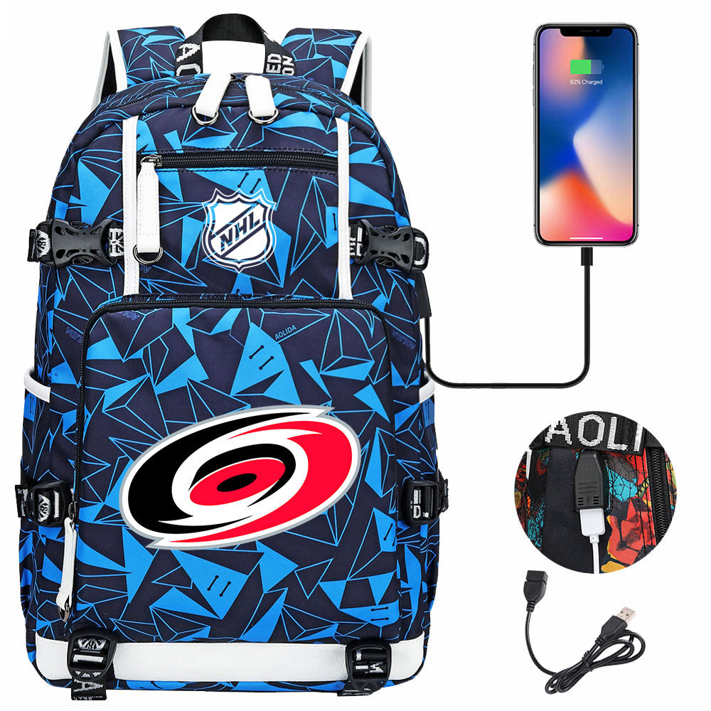 Carolina Hurricanes Hockey League USB Charging Backpack School Notebook Travel Bags