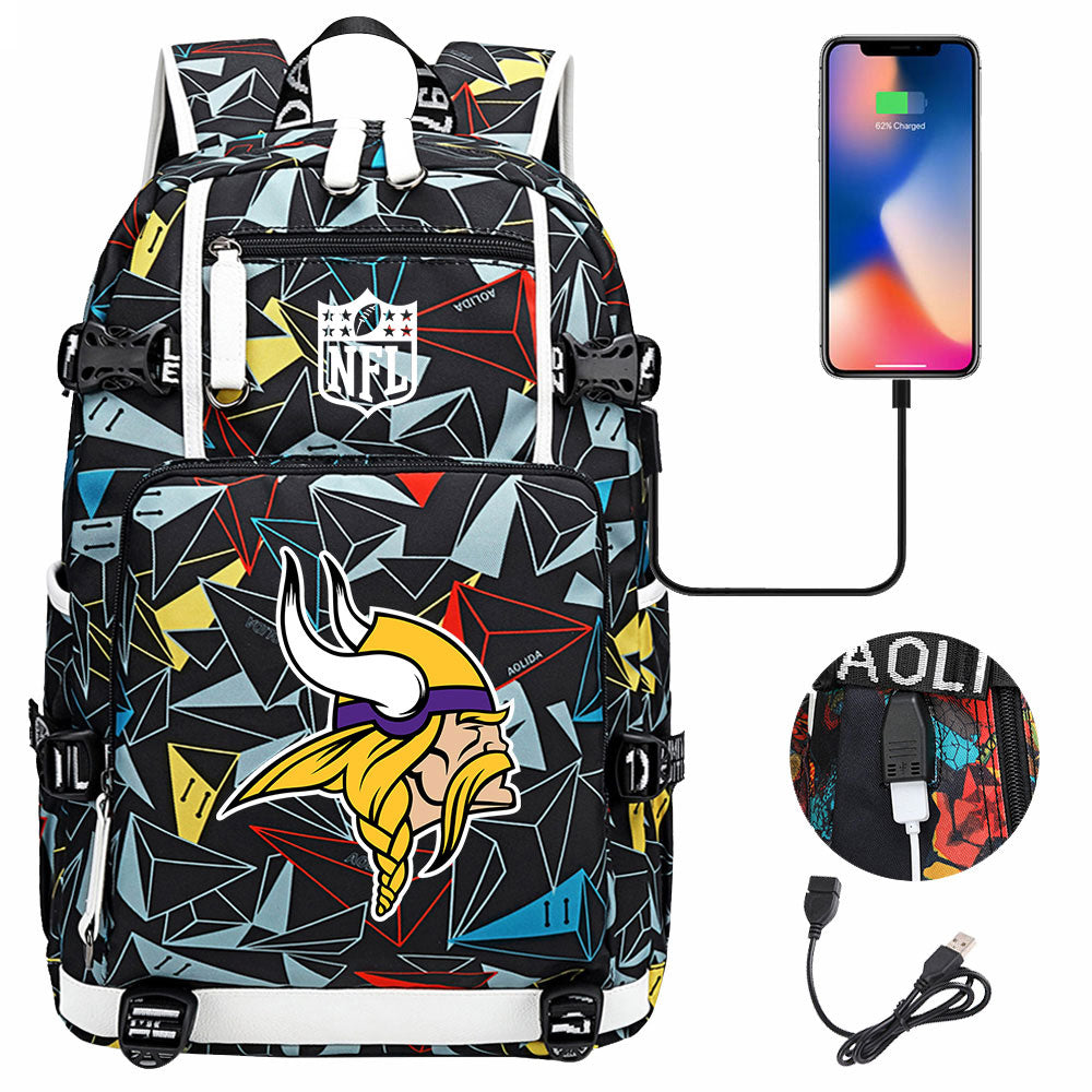 Minnesota Vikings Football Team USB Charging Backpack School Notebook Travel Bags