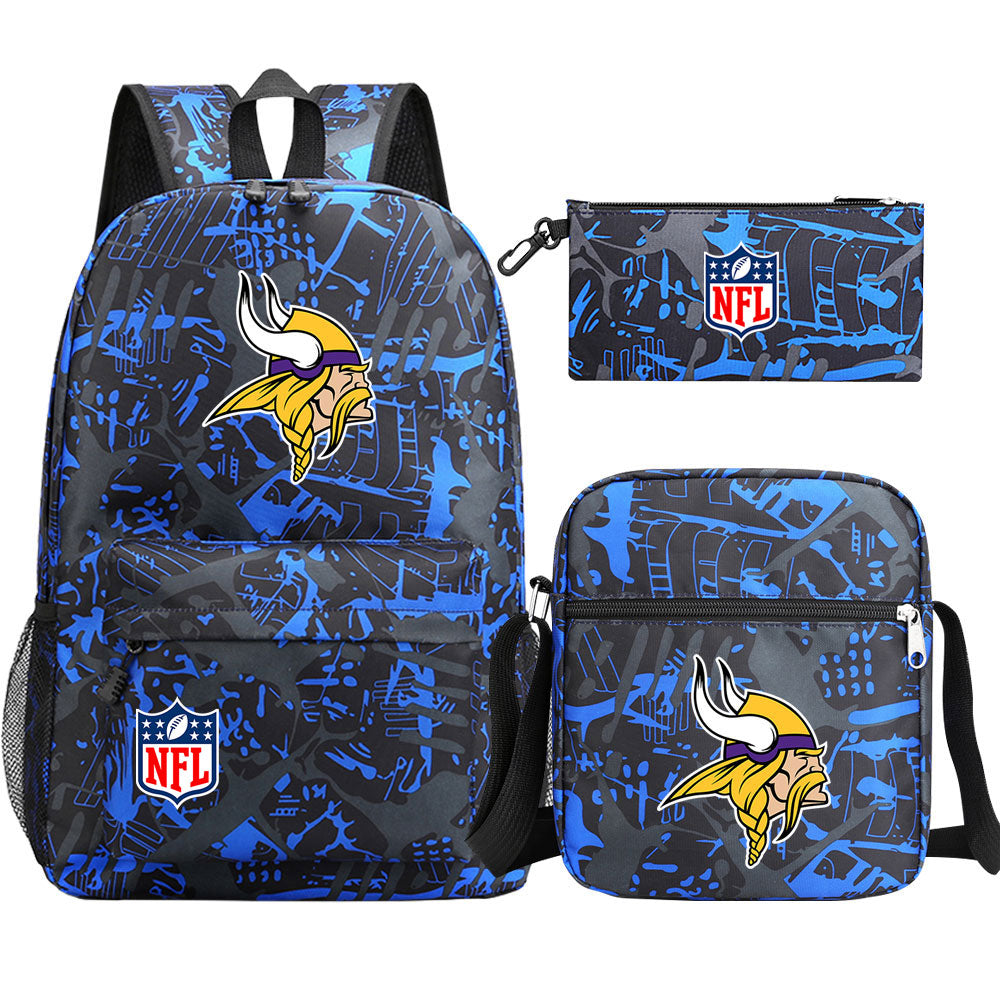 Minnesota Vikings Football Team  Printed Schoolbag Backpack Shoulder Bag Pencil Bag 3pcs set for Kids Students