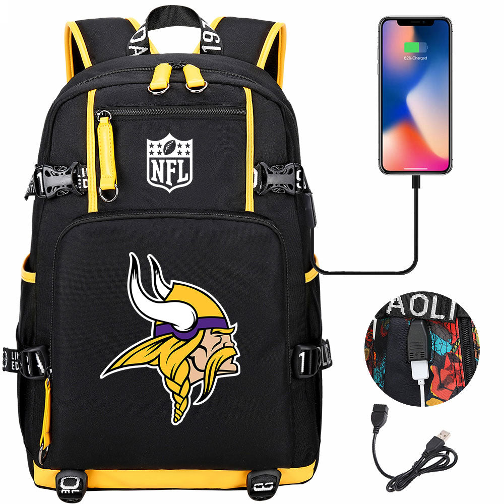 Minnesota Vikings Football Team USB Charging Backpack School Notebook Travel Bags